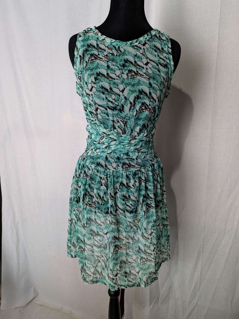 Sleeveless Mint Green Printed Mini Dress with Cinched Waist